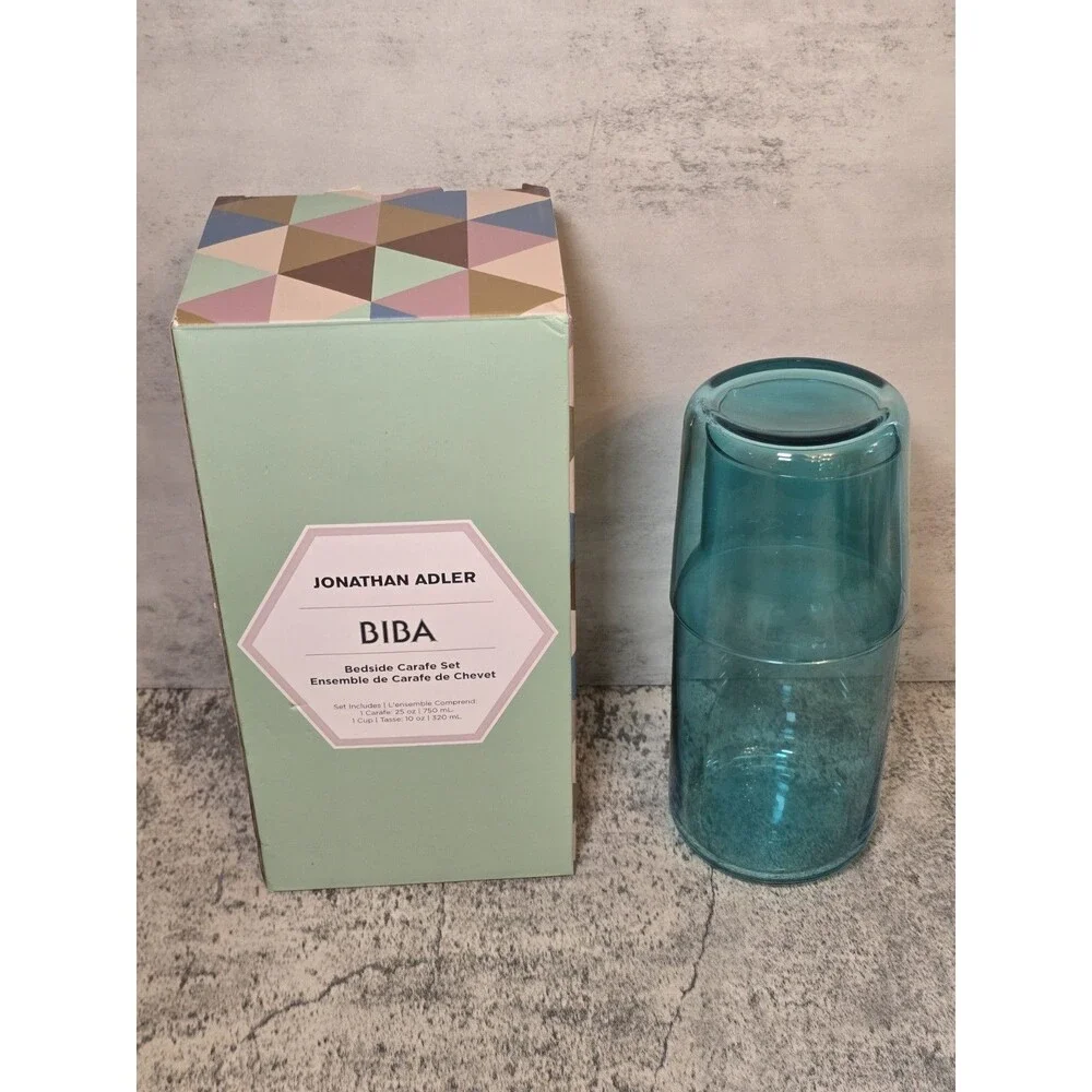 Jonathan Adler Bedside Carafe Set Blue Glass Kitchen Dishware Dish New In Box